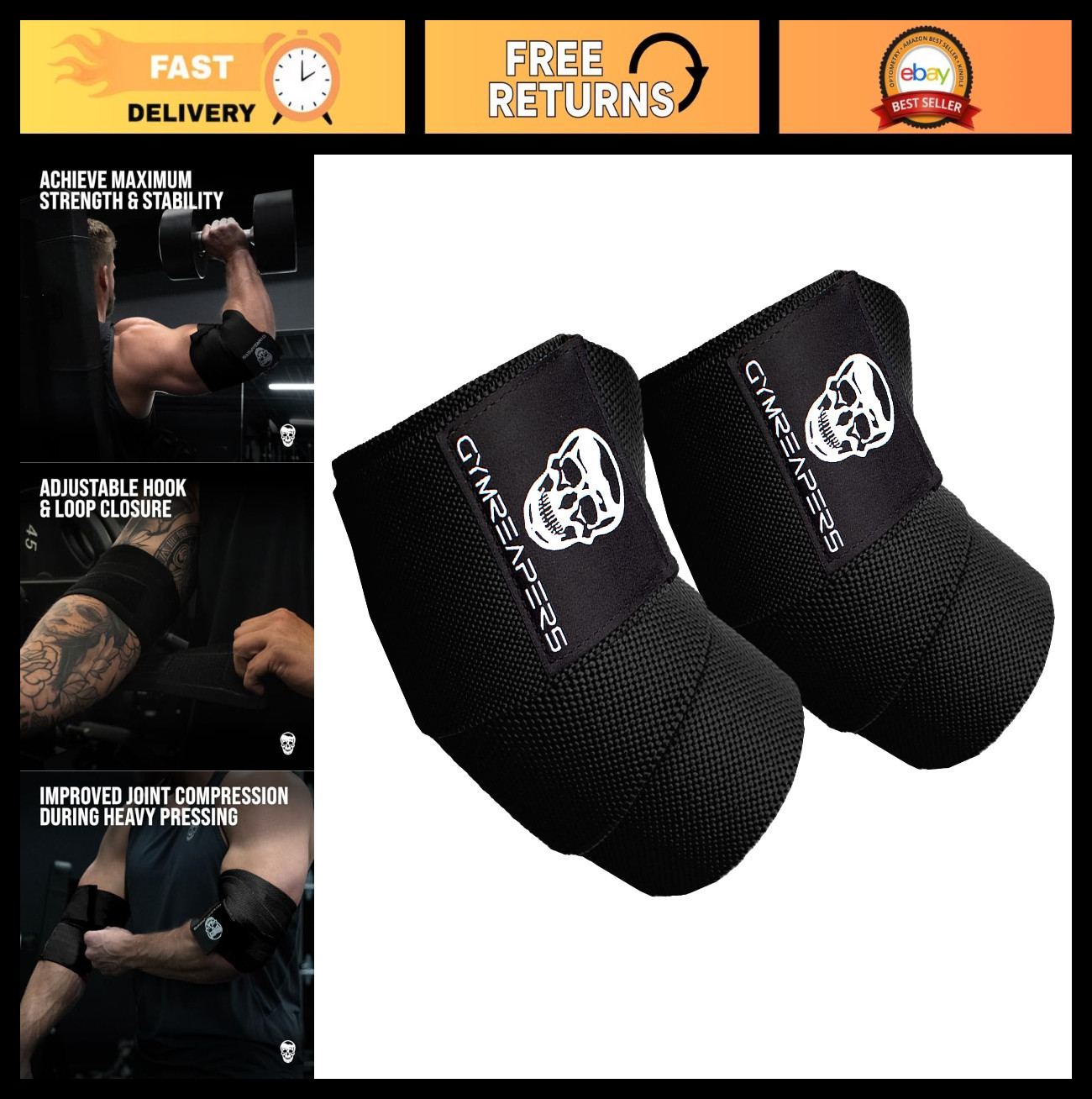 Weightlifting Elbow Wraps - Flexible 40'' Compression Strap & Joint Support Brac