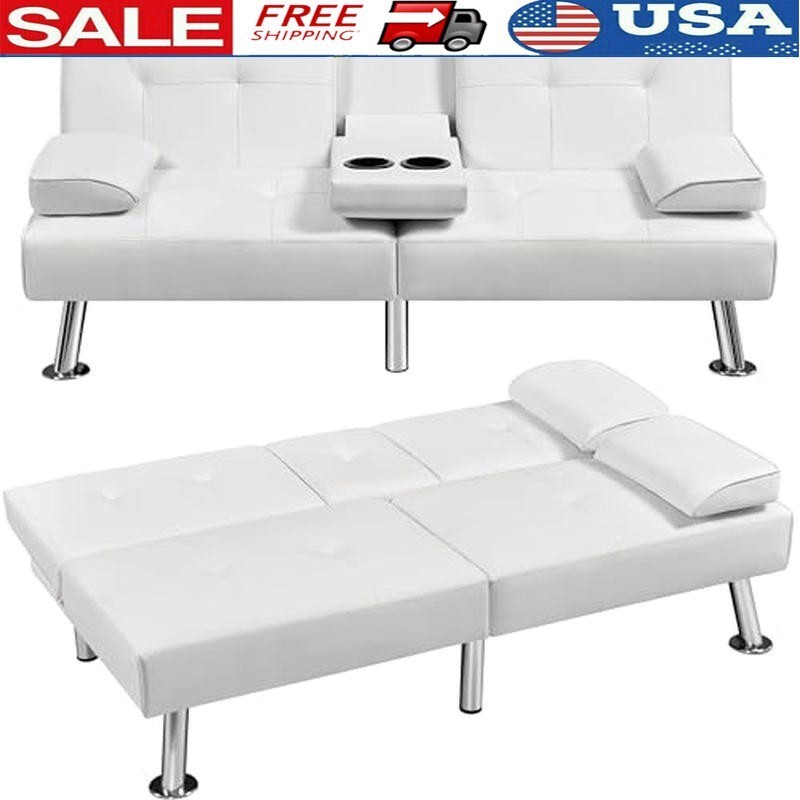 Convertible Sofa Bed Adjustable Couch Sleeper Folding Daybed W/ Cup Holders New