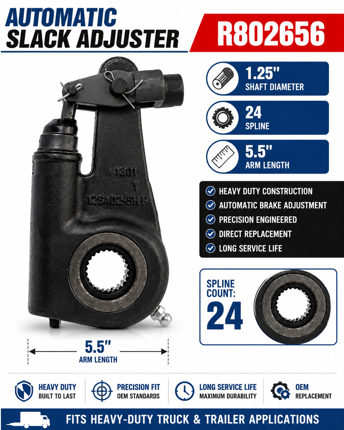 Automatic Slack Adjuster R802656 1.25" 24 Spline 5.5" Arm Heavy Duty