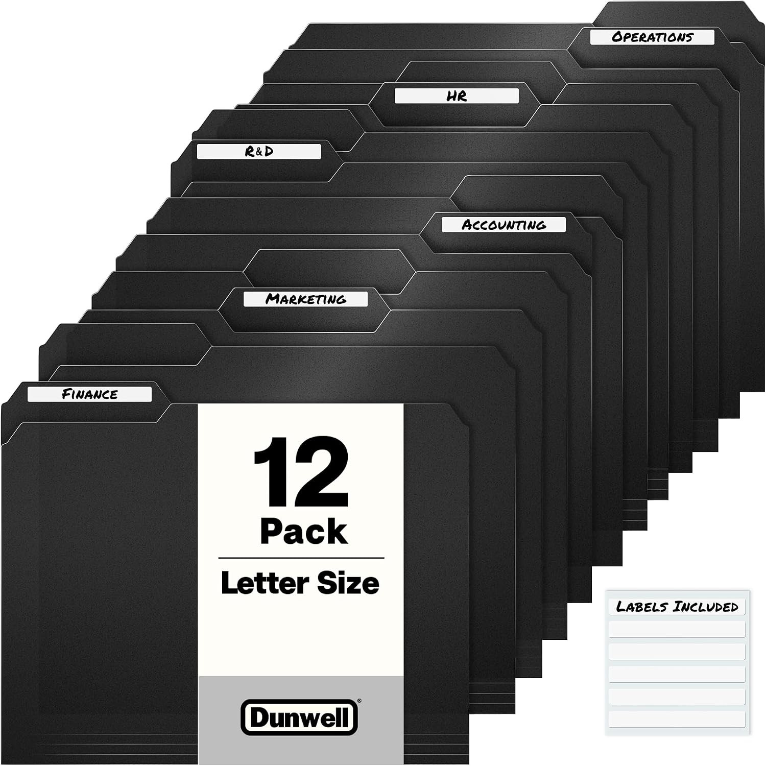 Plastic Black 3-Tab Folders, (12 Pack), Sturdy 1/3 Tab File Folders for 8.5x11