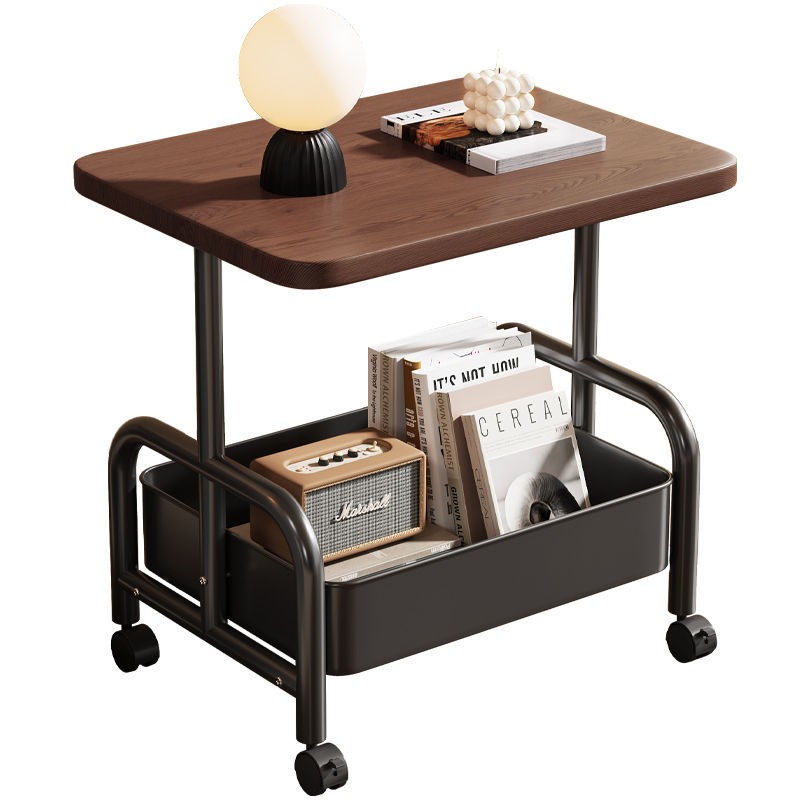 Rolling Side Table with Storage Shelf, Wood Top & Metal Frame for Living Room