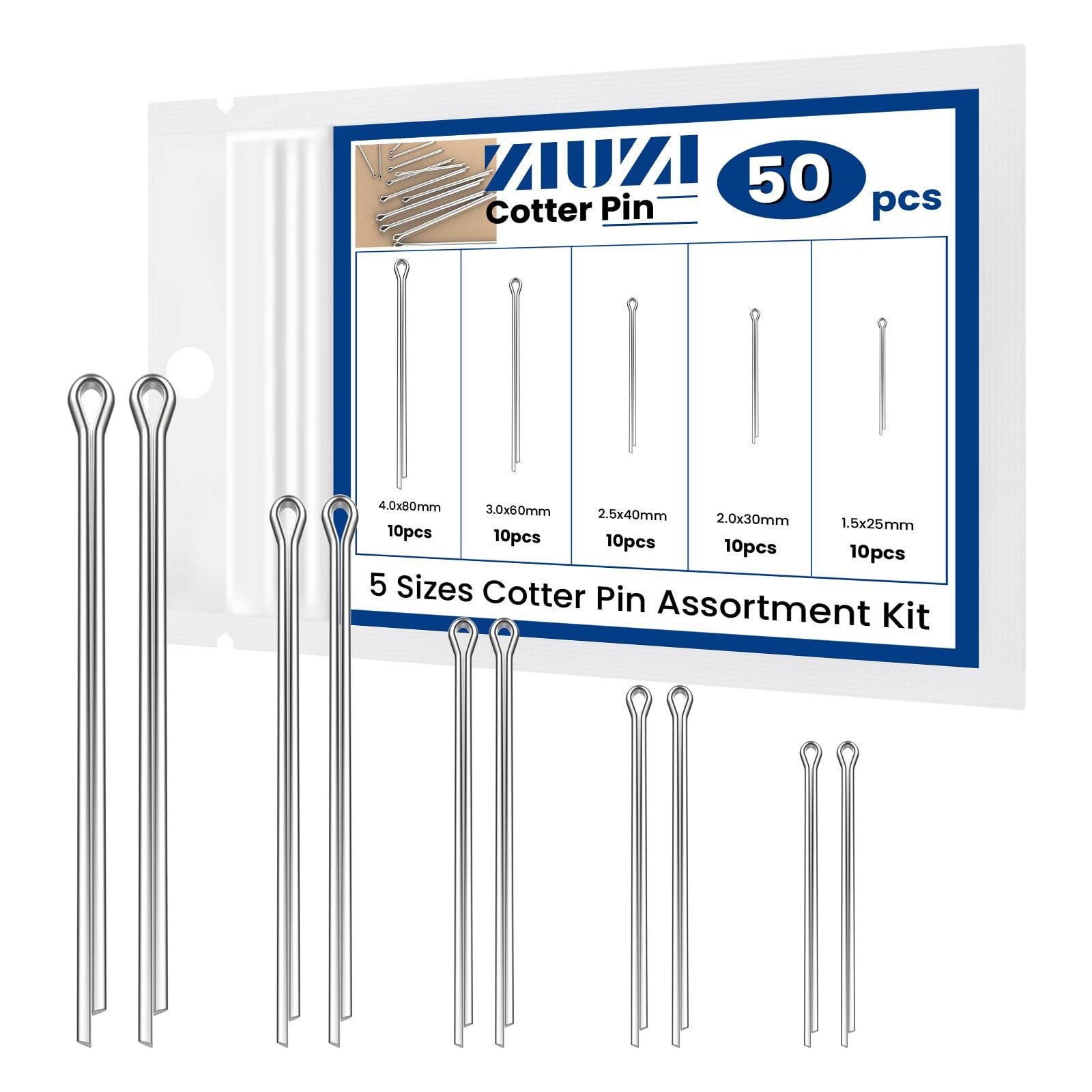 50 Pcs Cotter Pin Assortment Kit Stainless Steel Small Hardware Cotter Pins S...