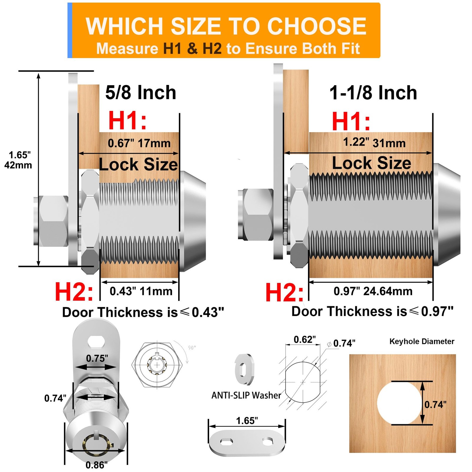 3 Pack Cabinet Locks with Keys 1-1/8" Tubular Cam Locks keyed Alike RV Lock f...