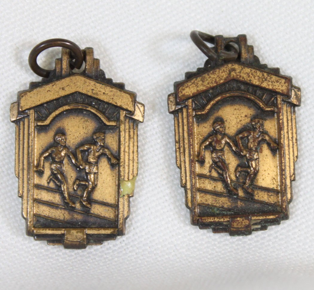 2 Vtg Medals Track Running Medley Relay 1950 6th Place Lot Gold Tone Estate Old