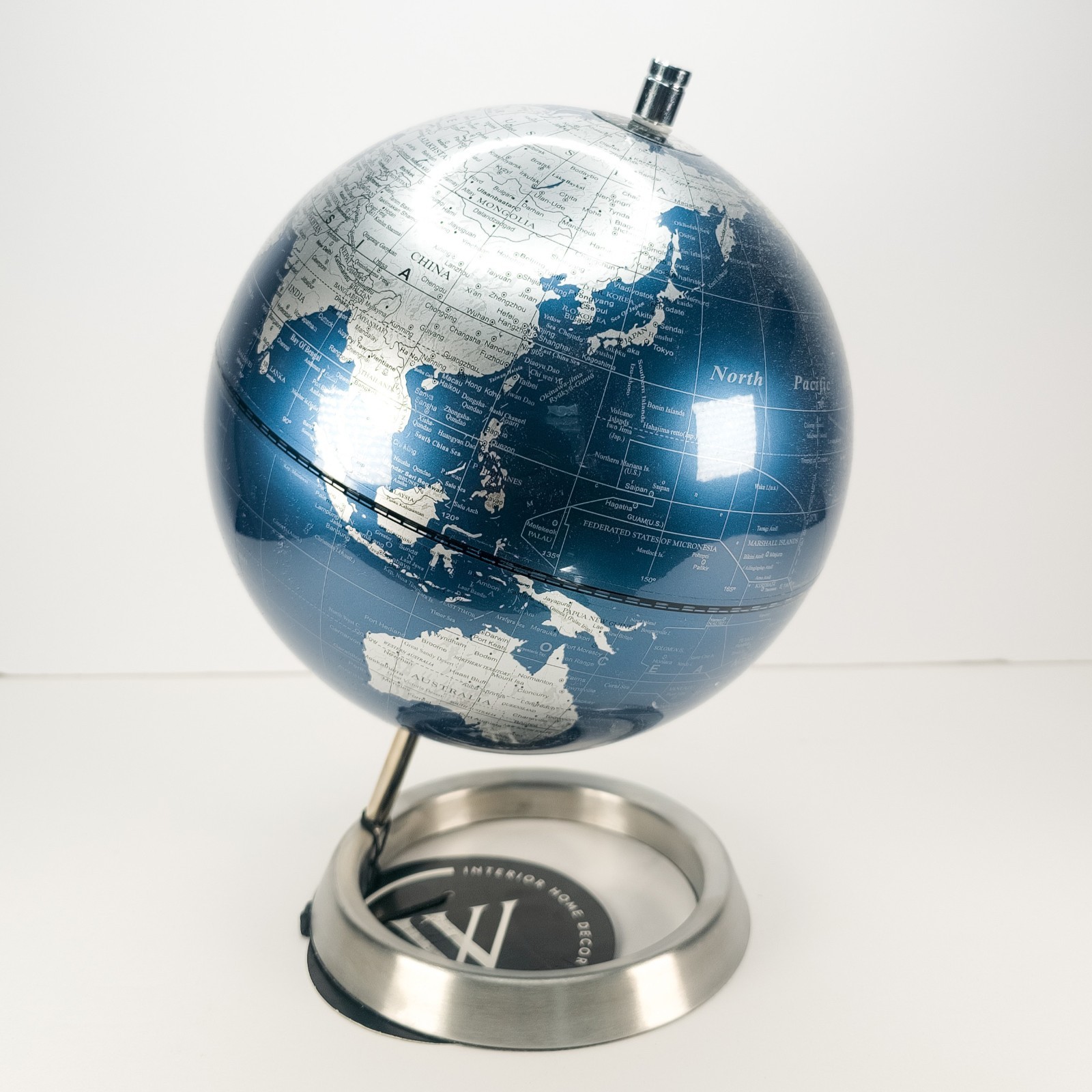 World Globe Rotating Desk Decor Time Zone Dial Blue Silver Brushed Steel New