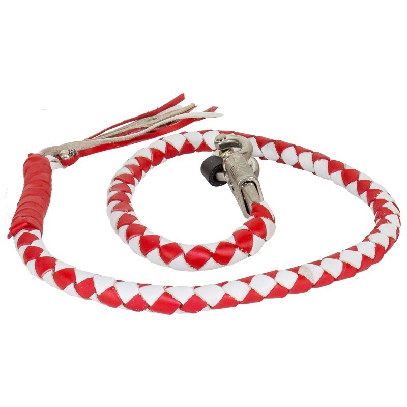 Get Back Whip Red & White 42 inch Biker Motorcycle Leather Whip SS Clasp