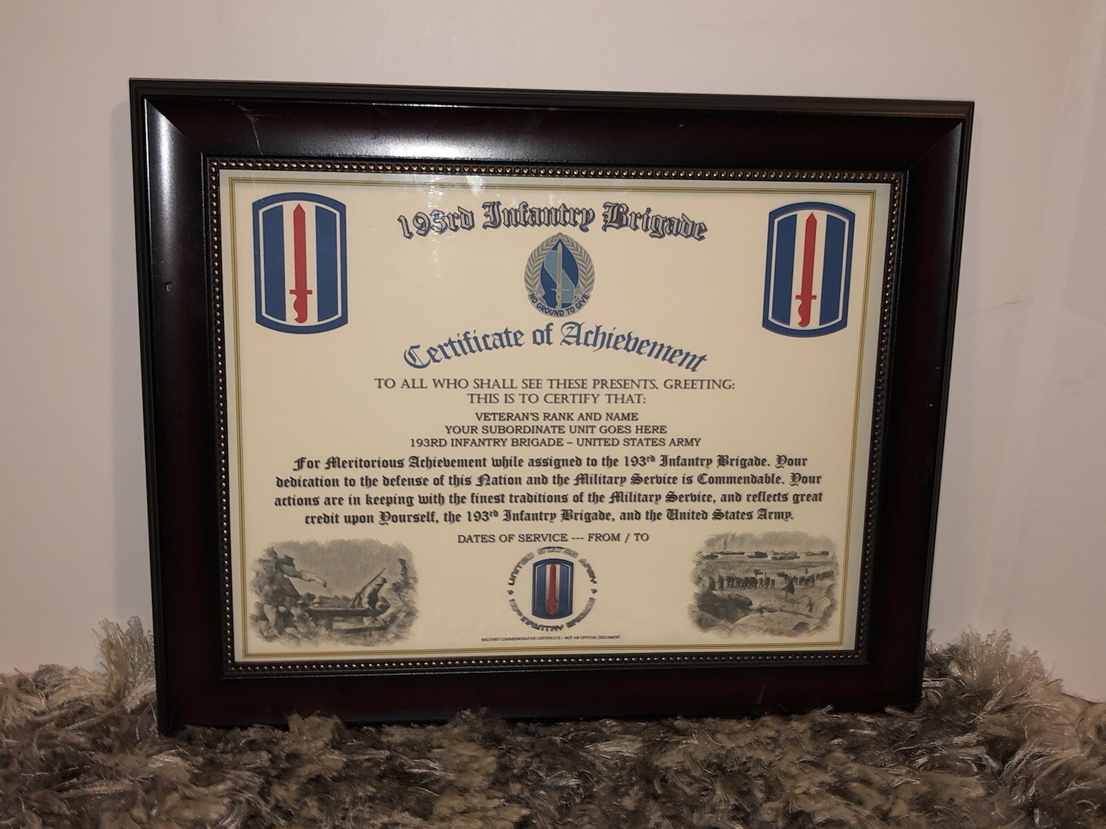 193RD INFANTRY BRIGADE - COA / (COMMEMORATIVE CERTIFICATE)