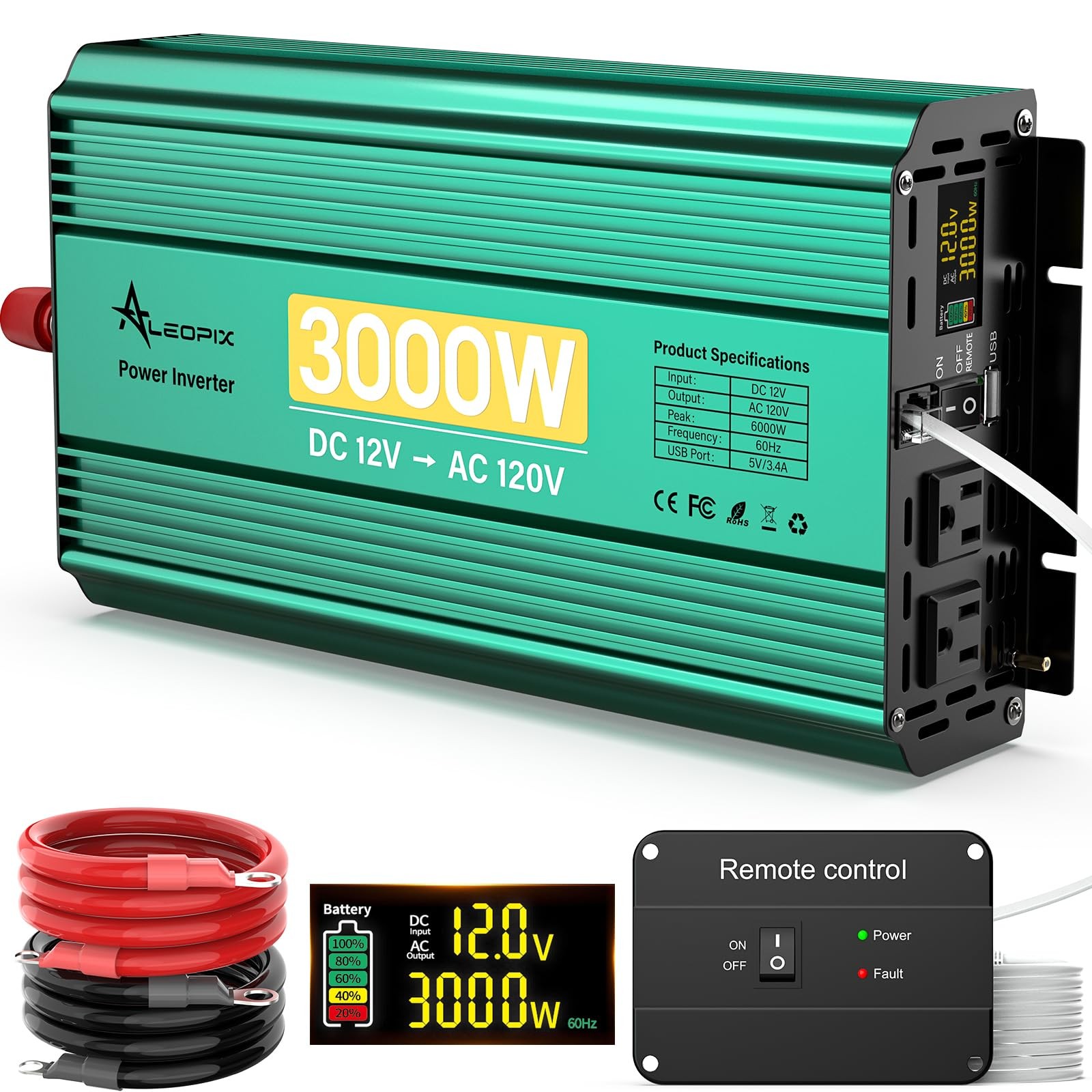 3000 Watt Inverter 12V to 110V/120V 6000W Peak Truck Power Inverter for Vehicles