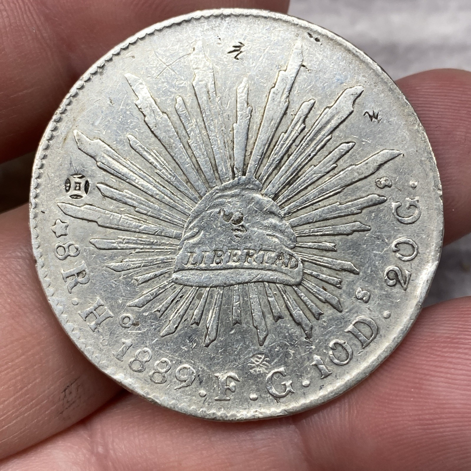 1889 Mexico 8 Reales HO FG Silver Coin Chopmarked Cleaned