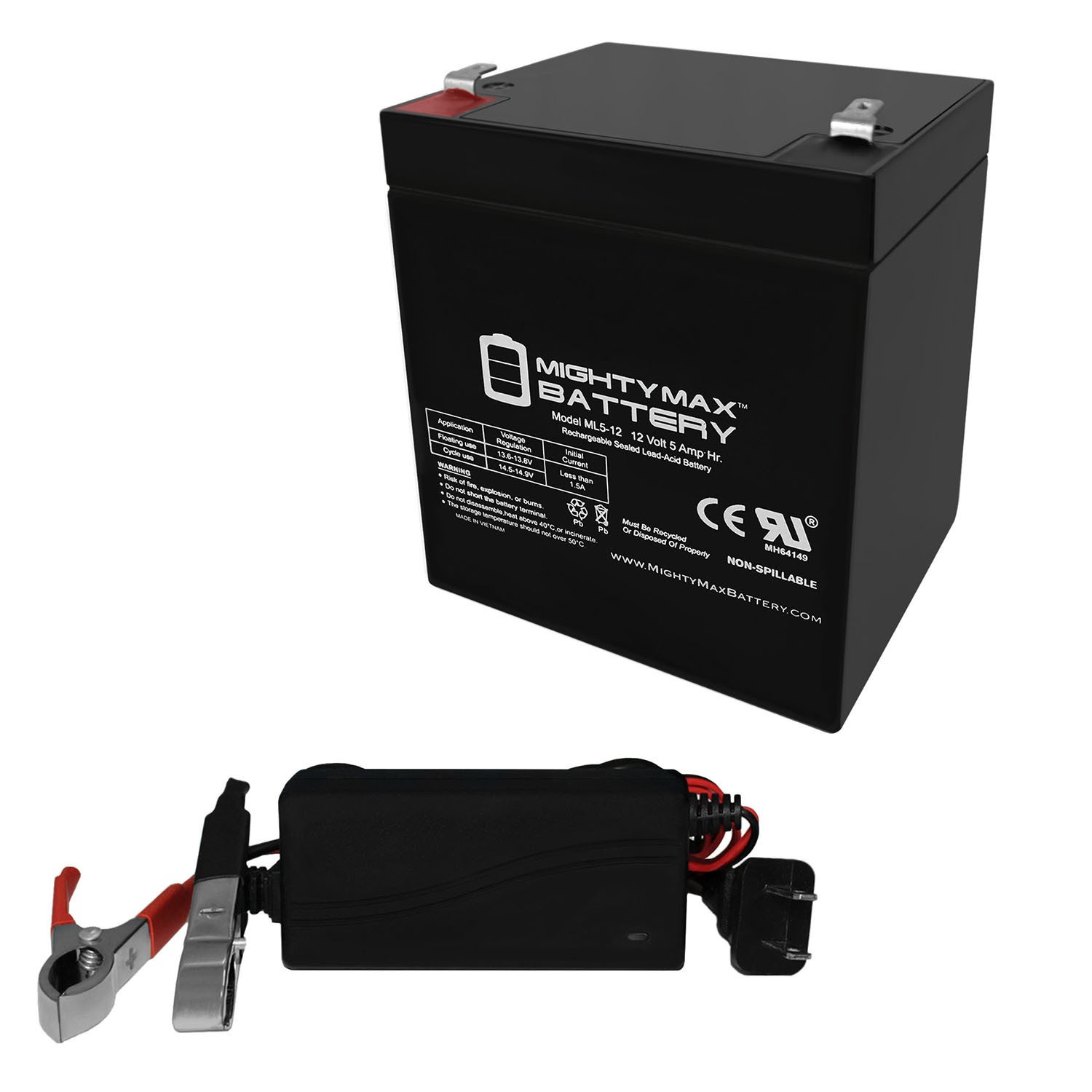 Mighty Max 12V 5AH Battery Replaces LCR-12V5P, LCR12V5P + 12V 1Amp Charger