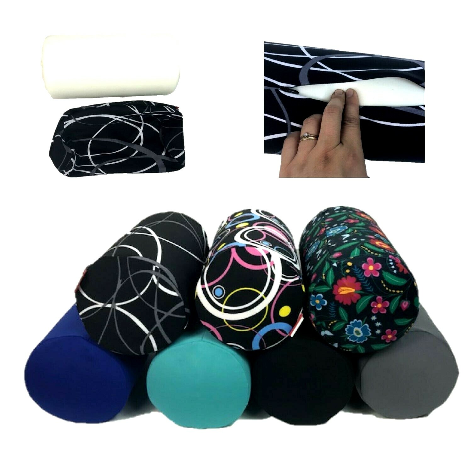 Memory Foam Roll Tube Round Pillow Home Travel Head Neck Back w Removable Cover