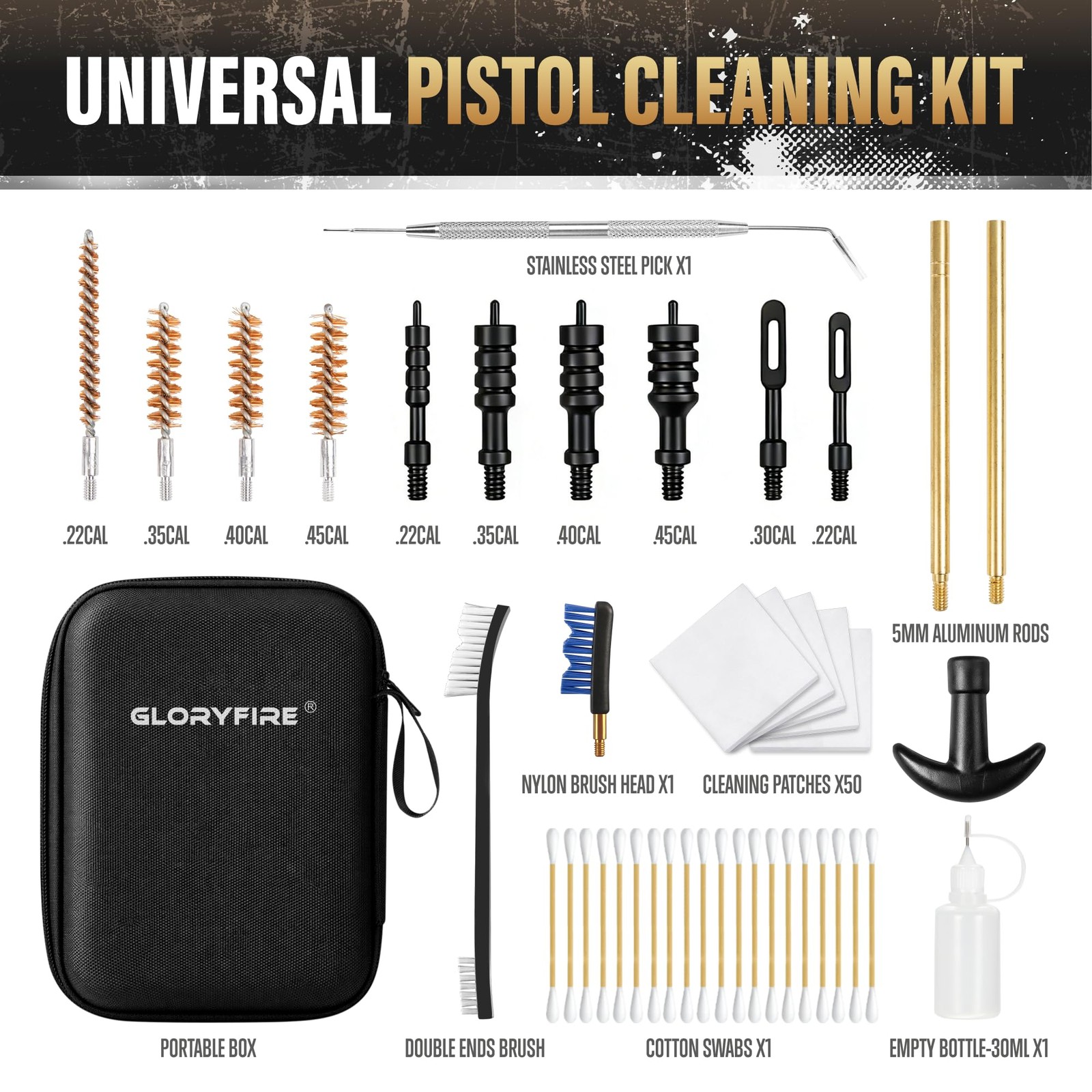 Gun Cleaning Kit Fits .22 .357/9mm .38 .40 .45 Cal Handguns & Pistols Compact...