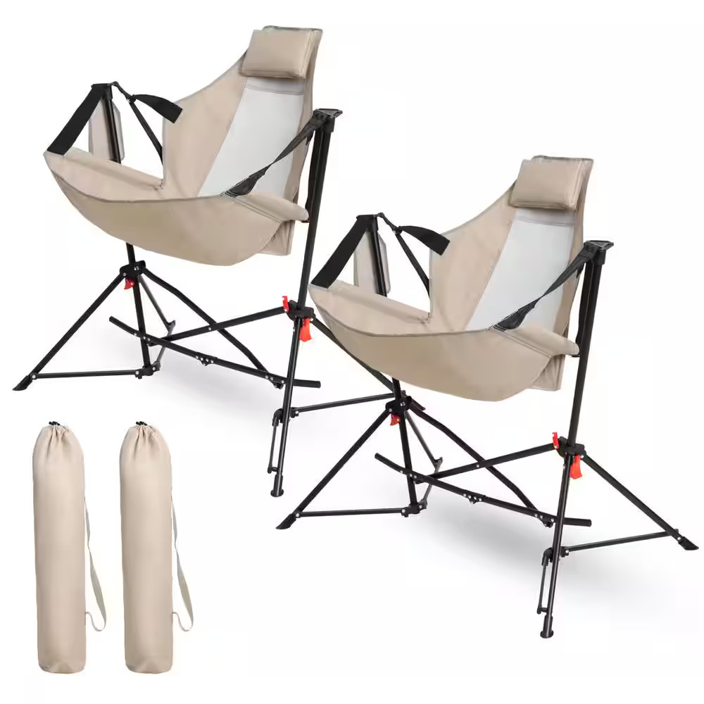 2-Piece Khaki Metal Folding Lawn Chair, Outdoor Hammock Camping Chair with Adjus