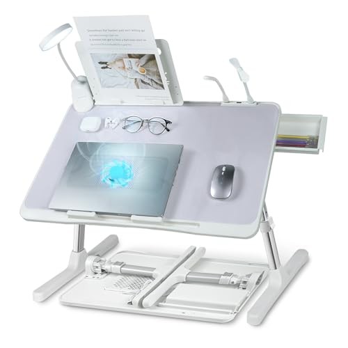 Laptop Lap Desk with Cooling Fan - Adjustable with Light, USB, Grey,56-32cm