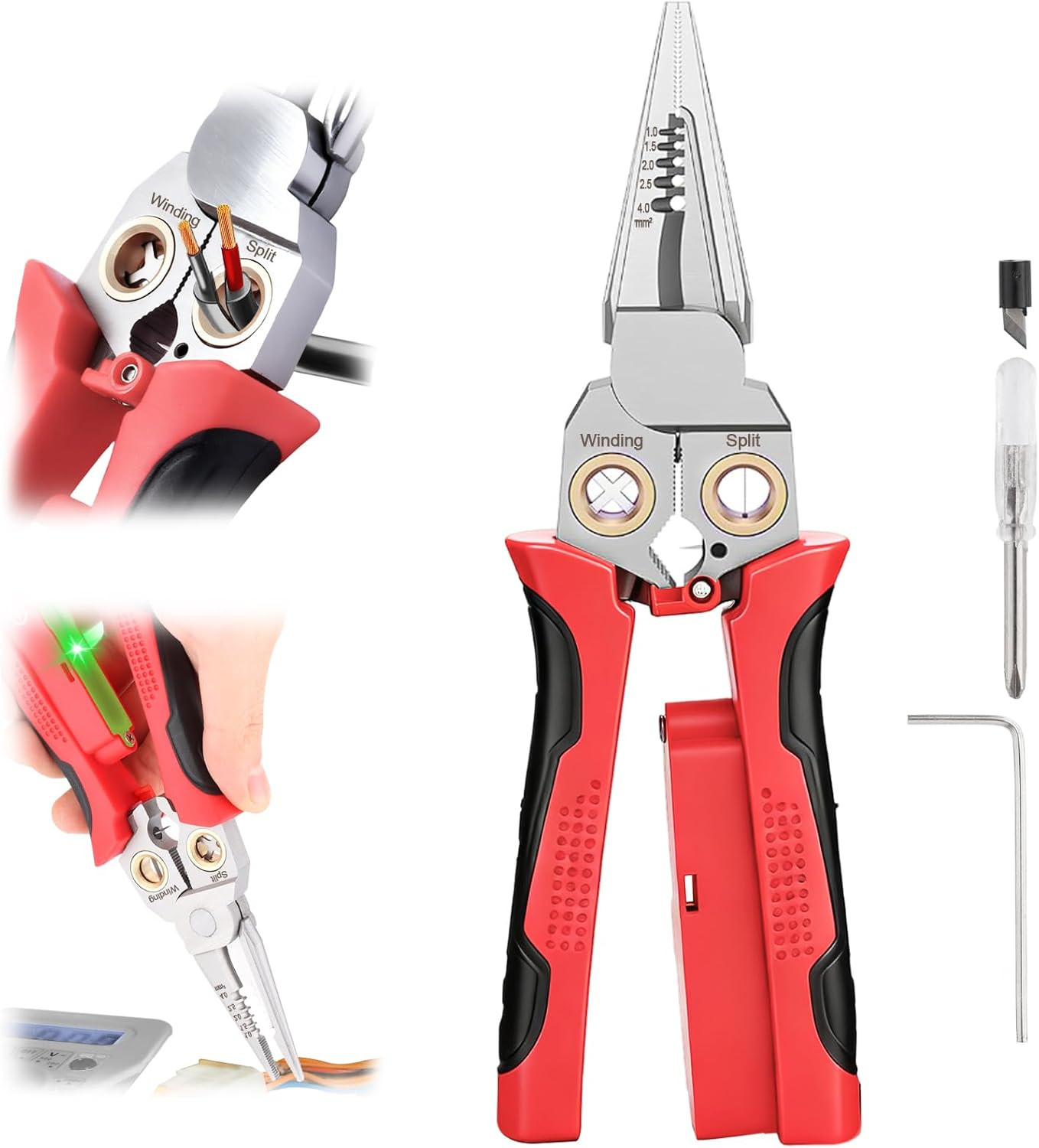 Pro 8-In-1 Wire Stripping Pliers with Voltage Tester for Live/Neutral Wires 12–2