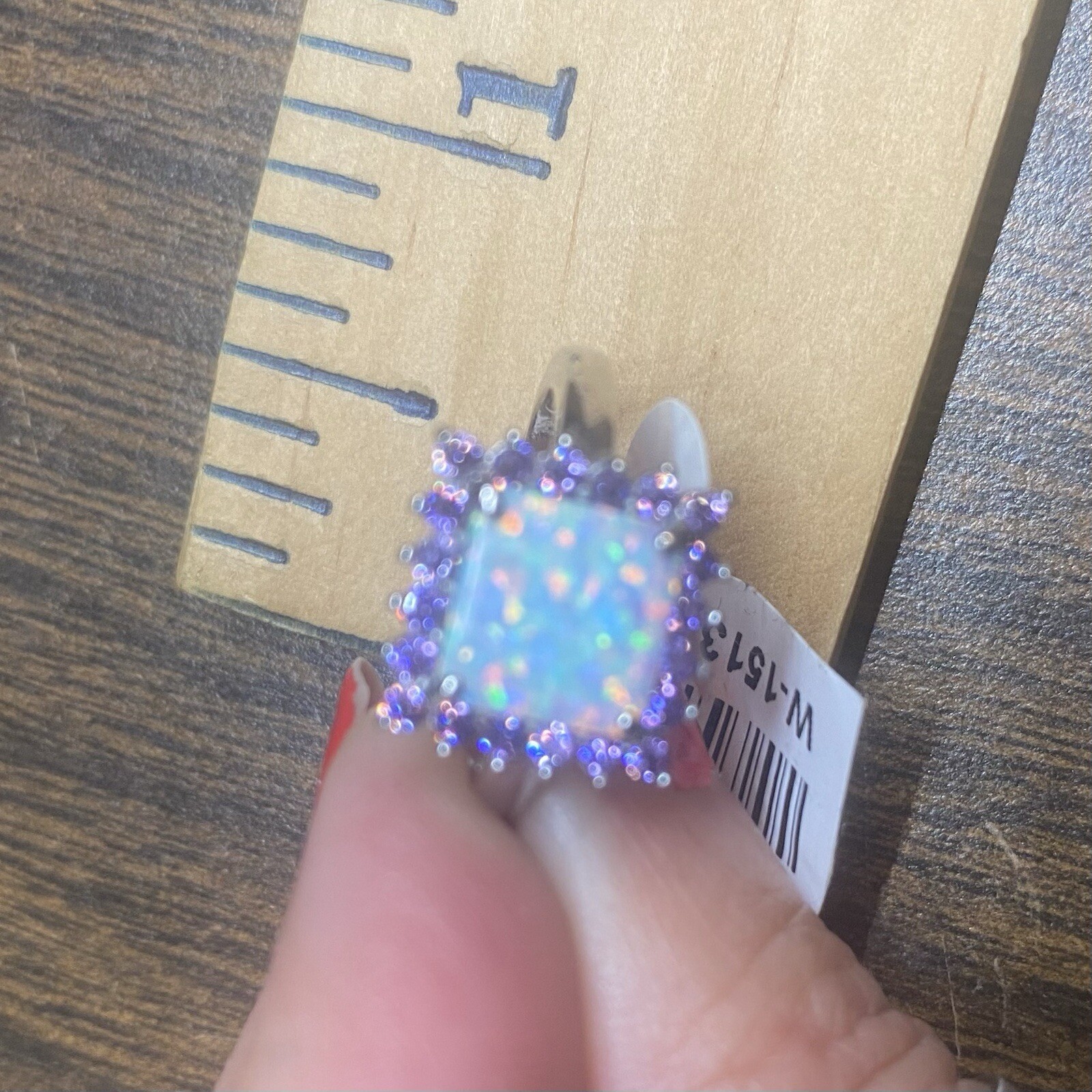Sterling Silver Created Opal And Amethyst CZ Ring Rhodium Plated