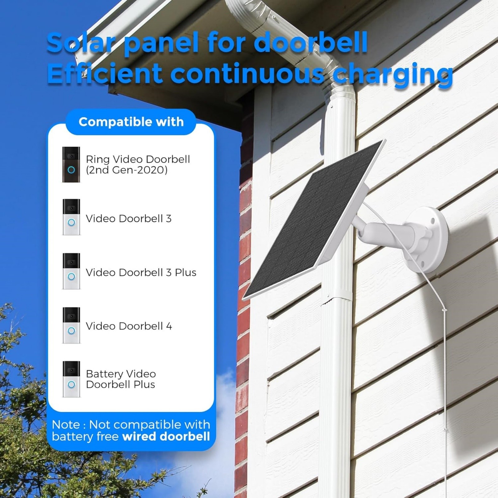 Ring Doorbell Solar Panel 4W for Continuous Charging with Wall Mount 300cm