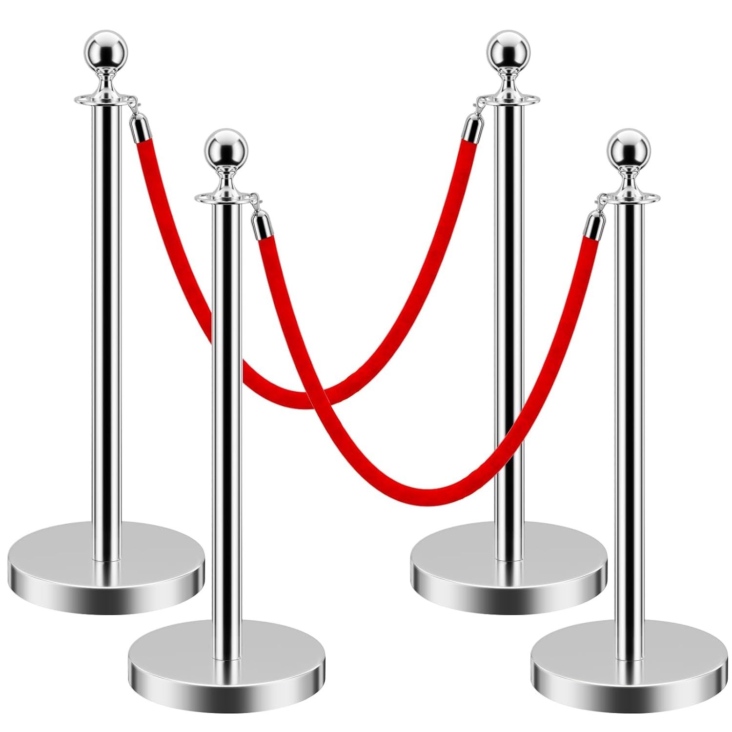 4 Silver Stanchion Posts Queue Barrier 2 Velvet Red Ropes Event Crowd Control