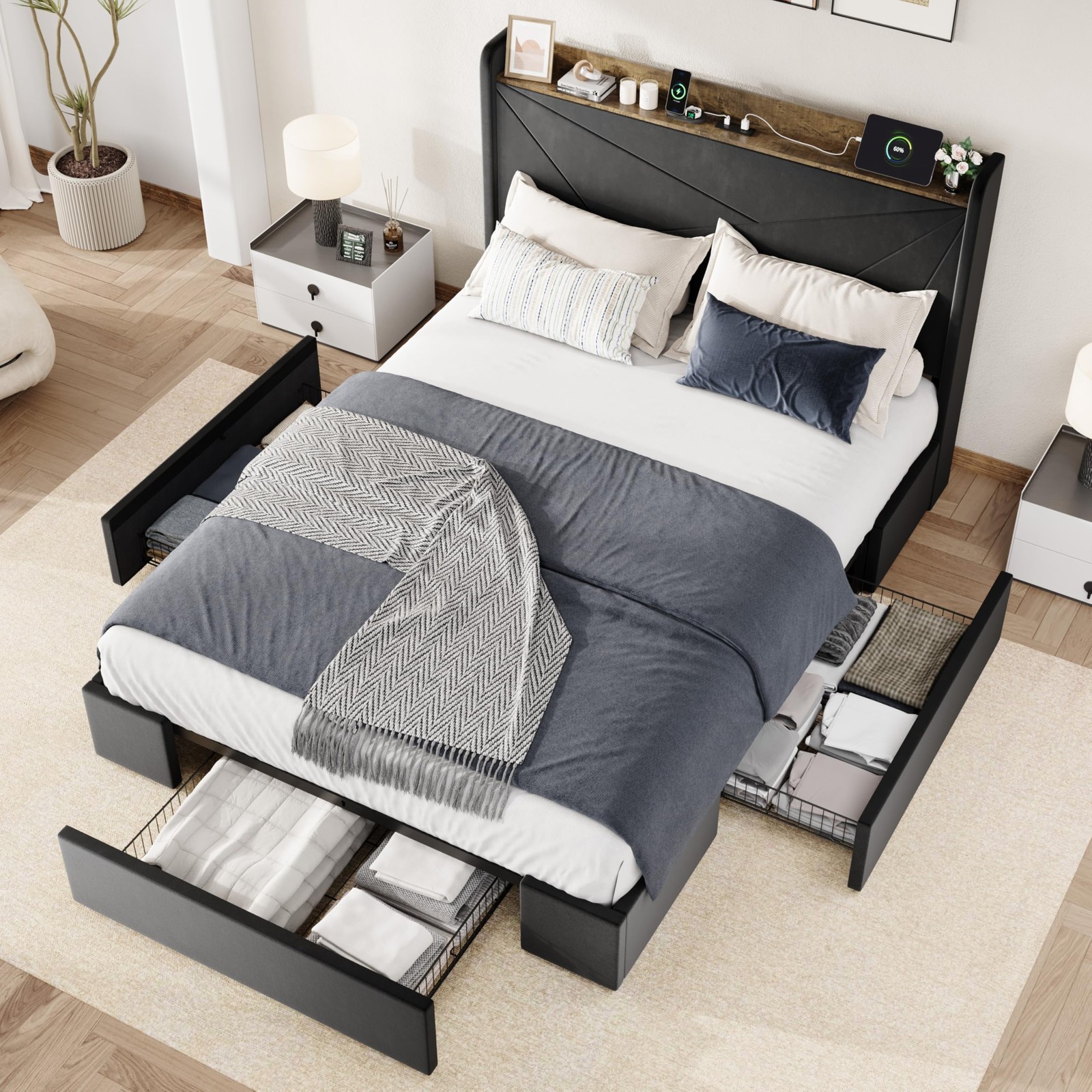 Full Size Velvet Bed Frame with 3 Storage Drawers, Upholstered Platform Bed w...