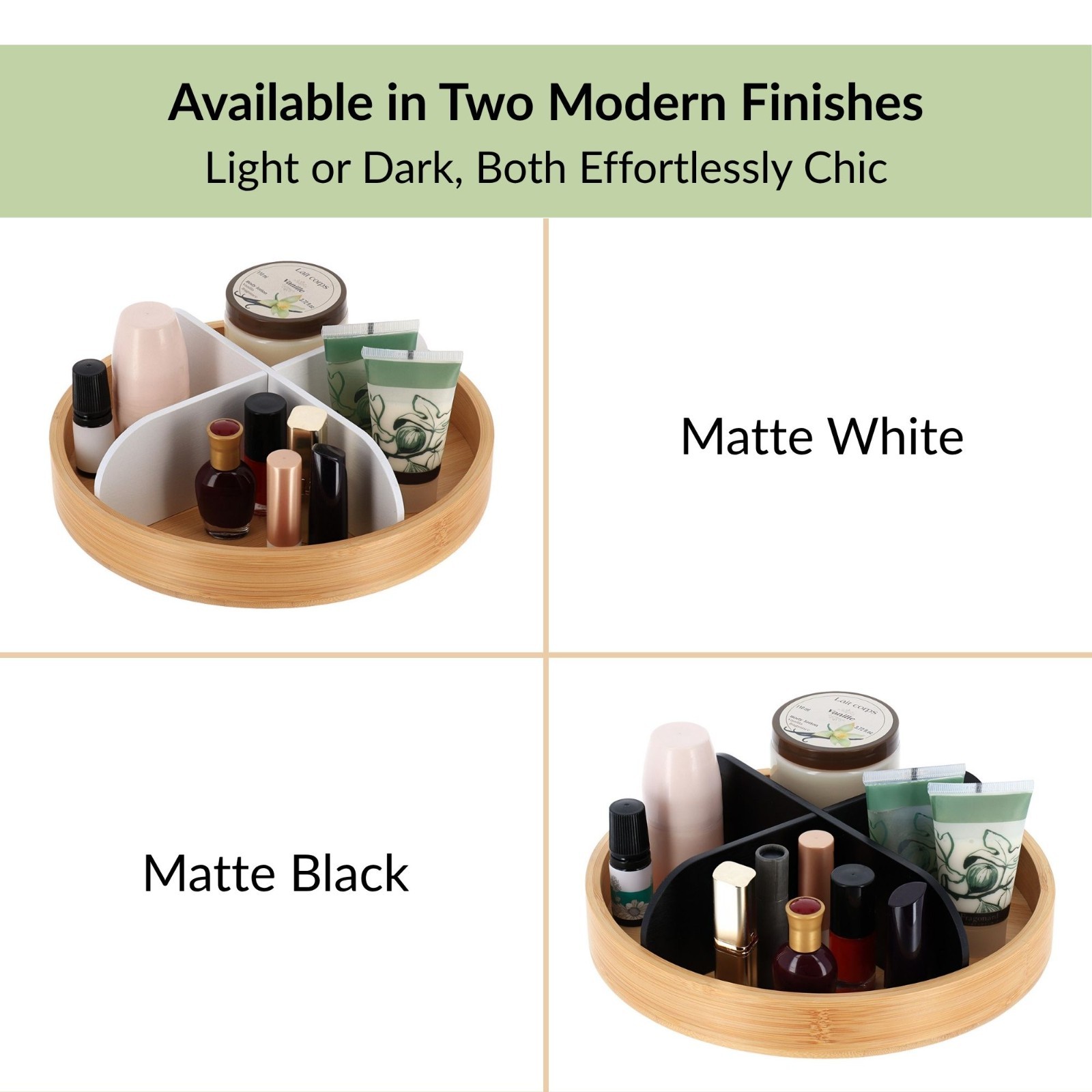 Rotating Bathroom Organizer with 4 Compartments - Bamboo Base Matte Finish