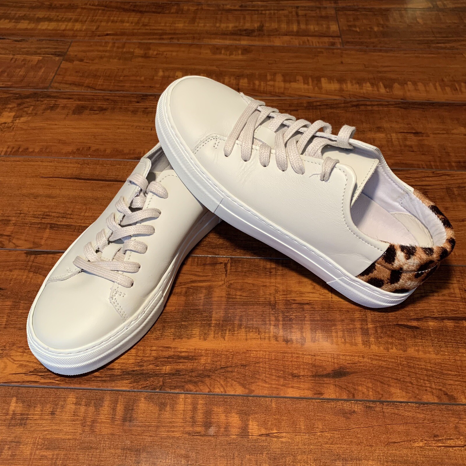 ABLE Womens Size 7 Platform Laceup Snekers Shoes White Leopard Calf Hair Detail