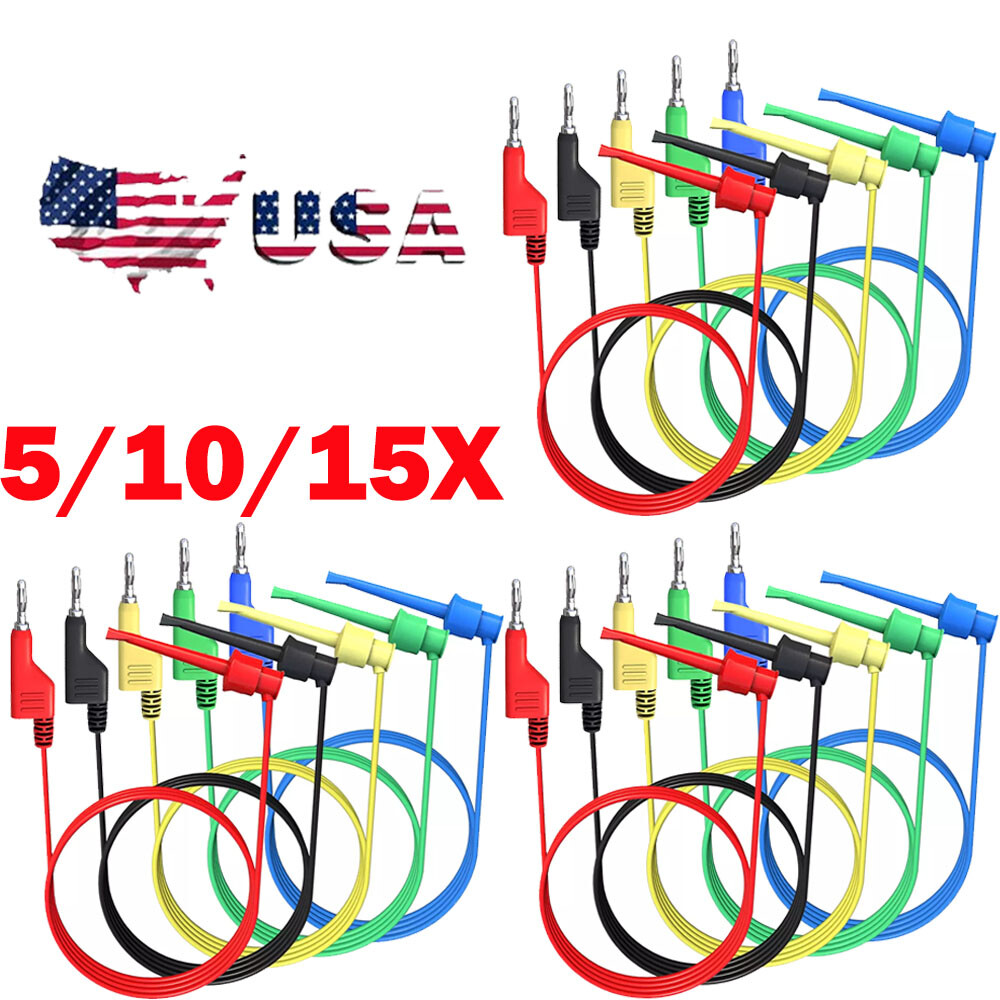 5/10/15PCS 4mm 3.3FT Stackable Banana Plug To Test Wire Hook Clip Test Leads USA