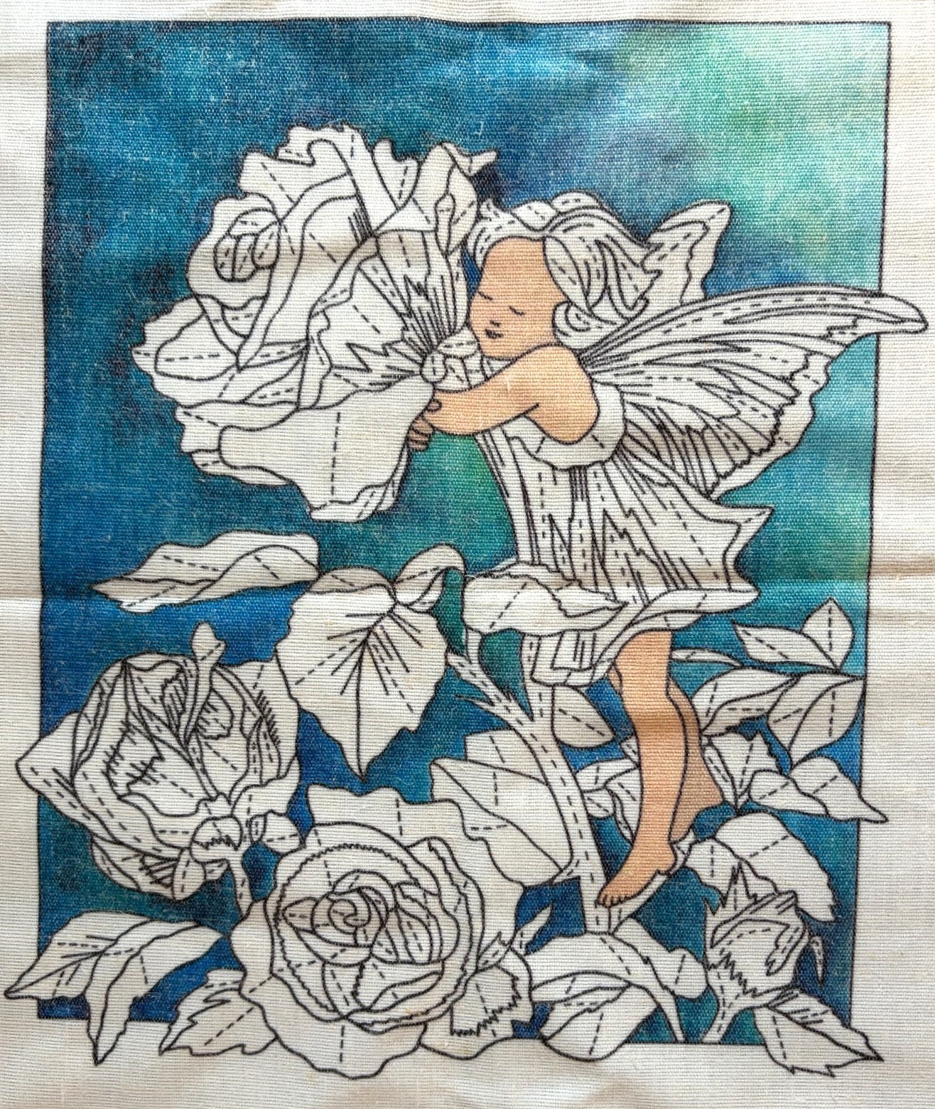 Erica Wilson Crewel FABRIC ONLY Rose Flower Fairy #7169 Stamped Design 1980 READ
