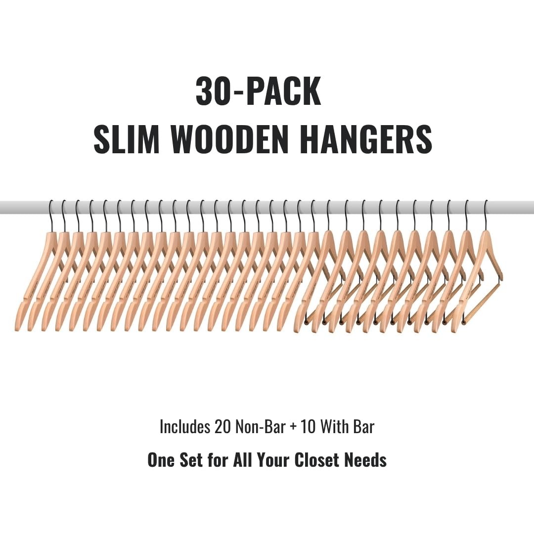 Set of Wooden Hangers 20 Pack & Pant Hanger 10 Pack, Smooth Wood Hangers with...