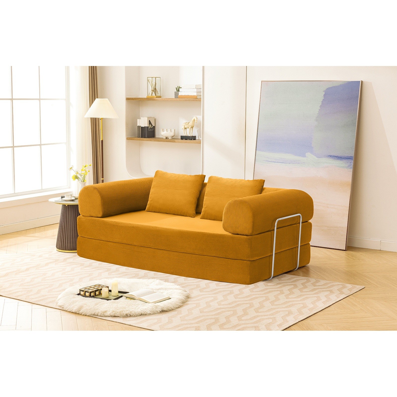Compressed Foam Sofa Corduroy Ginger 79" Contemporary Sleeper Couch