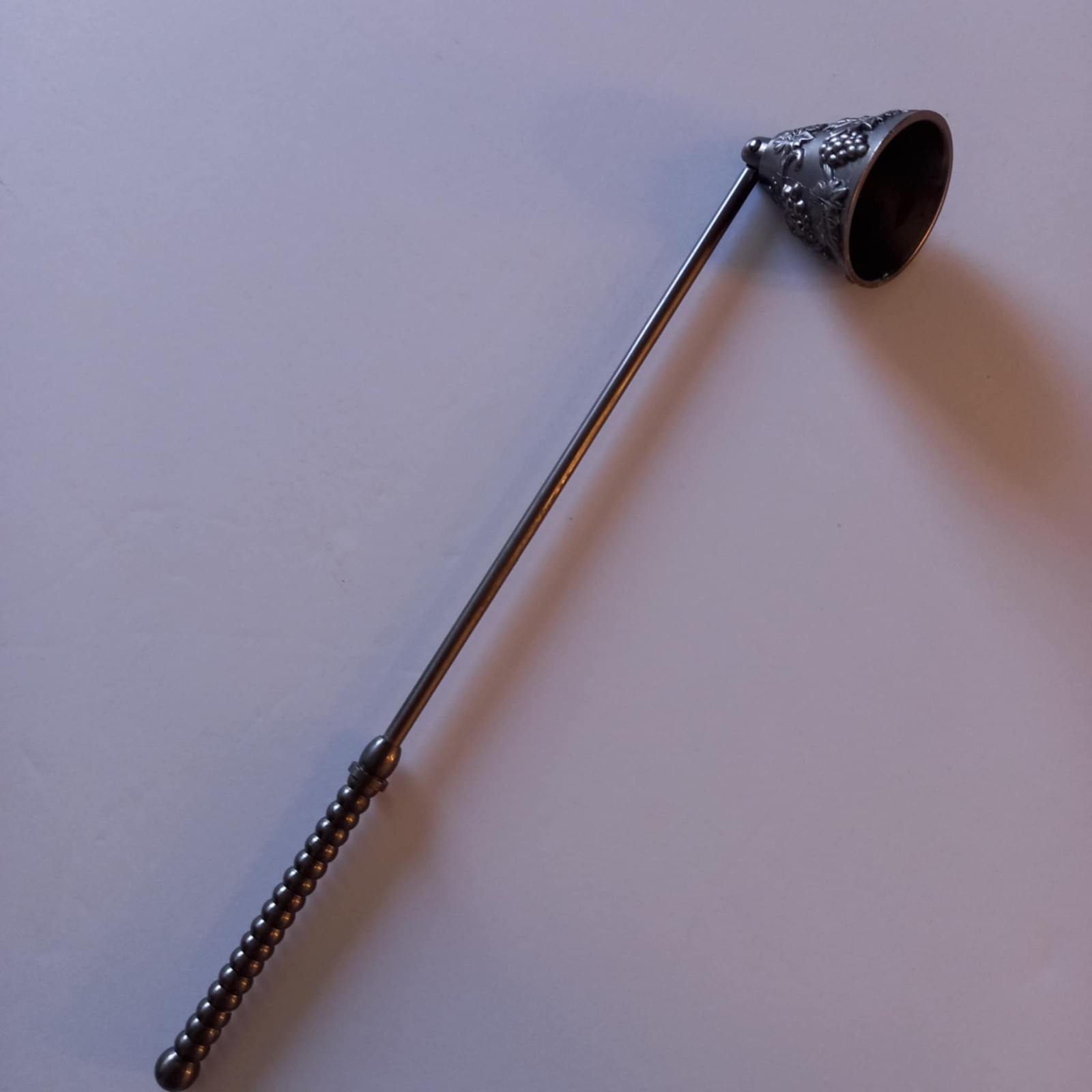 Vintage Grape & Leaf Motif Metal Bell Shaped Candle Snuffer Ribbed Handle 11"
