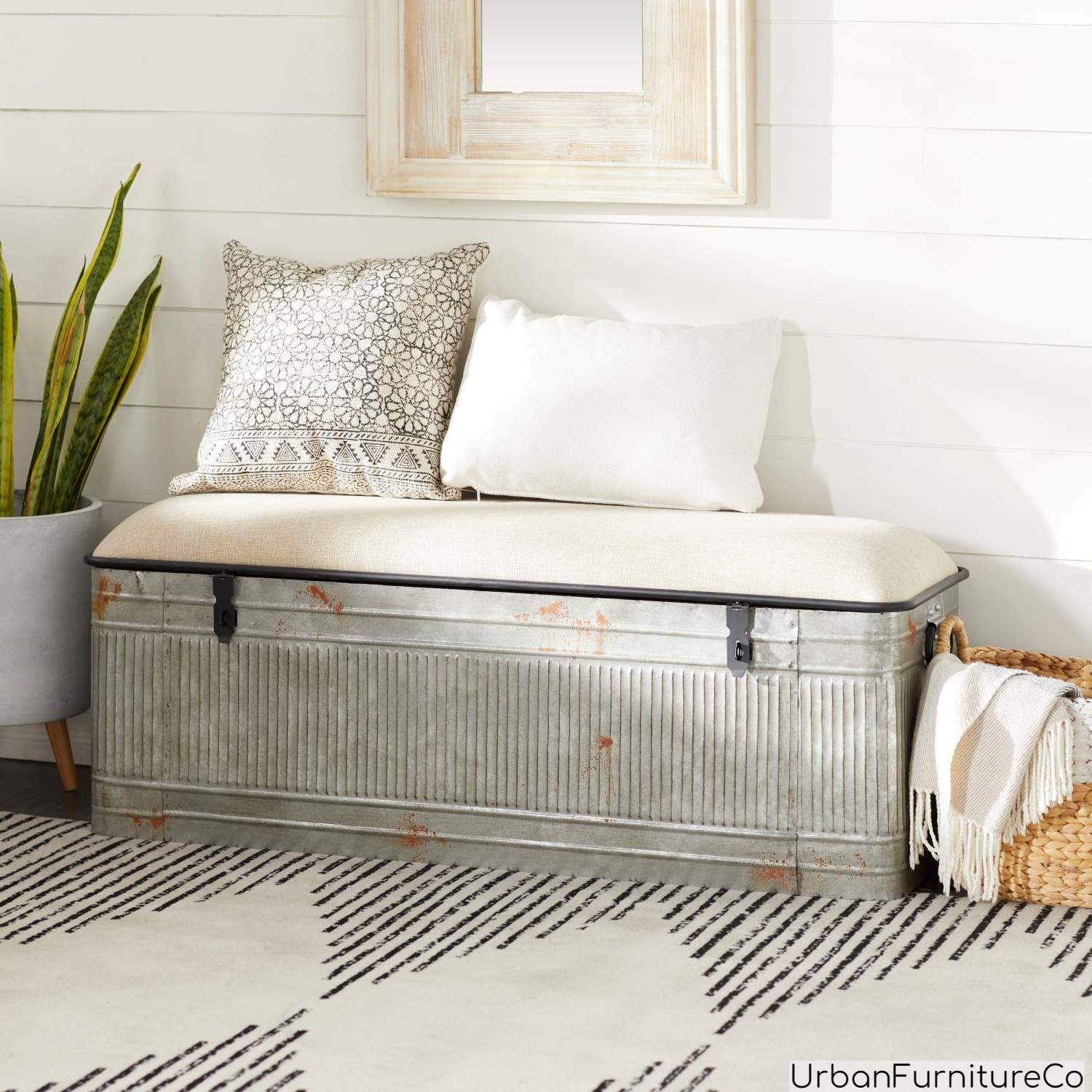 Grey Metal Farmhouse Upholstered Storage Bench Ottoman Chest Entryway Furniture