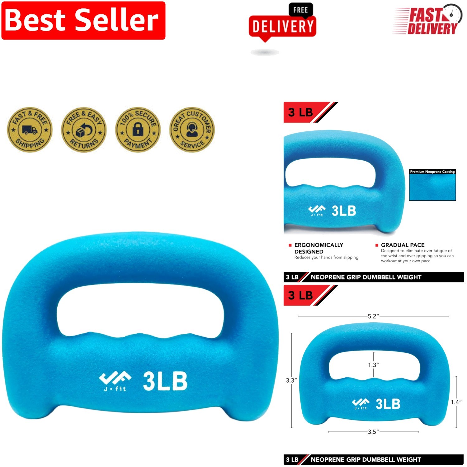 Durable Neoprene D Grip Dumbbell - 3LB Hand Weight for All Fitness Levels