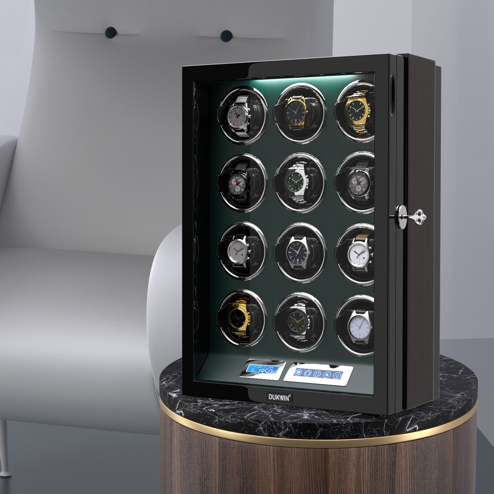 Automatic 12 Watch Winder Rotating Display Case Box LCD Touch Screen Display LED