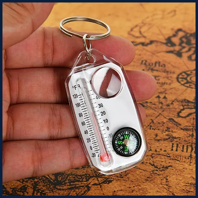 3 in 1 Keychain Compass Portable Mini Keychain Outdoor Thermometer magnifying.