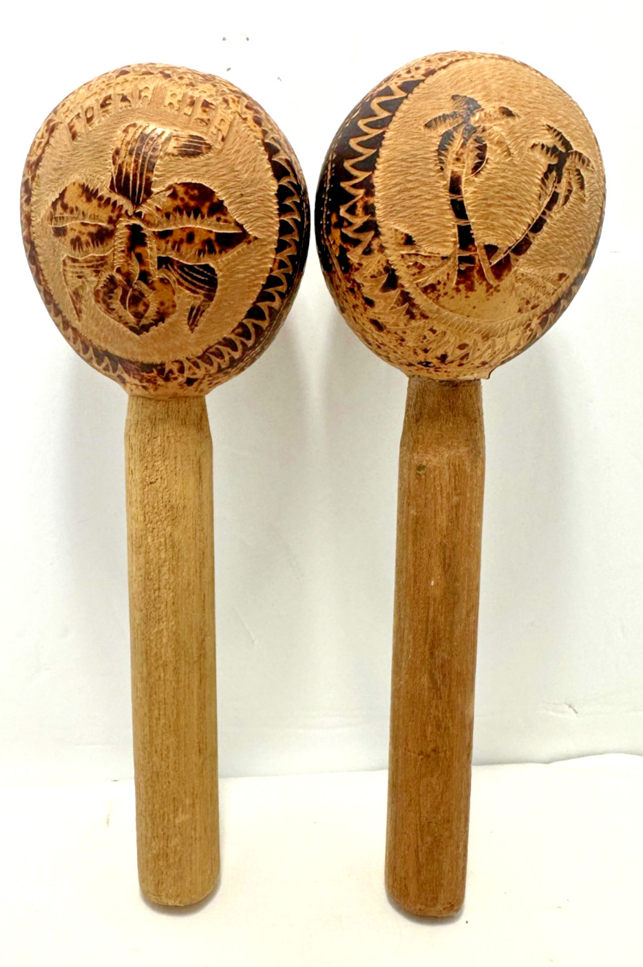 VTG. 2 Handmade Beautifully Carved Wooden Stained Maracas From Costa Rica #6037