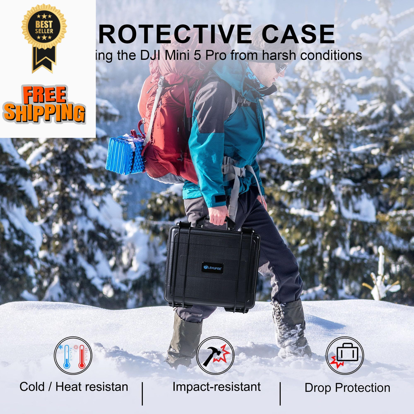 Lekufee Waterproof Hard Carrying Case for DJI 13.3 x 5 x 12.4 inches, Black