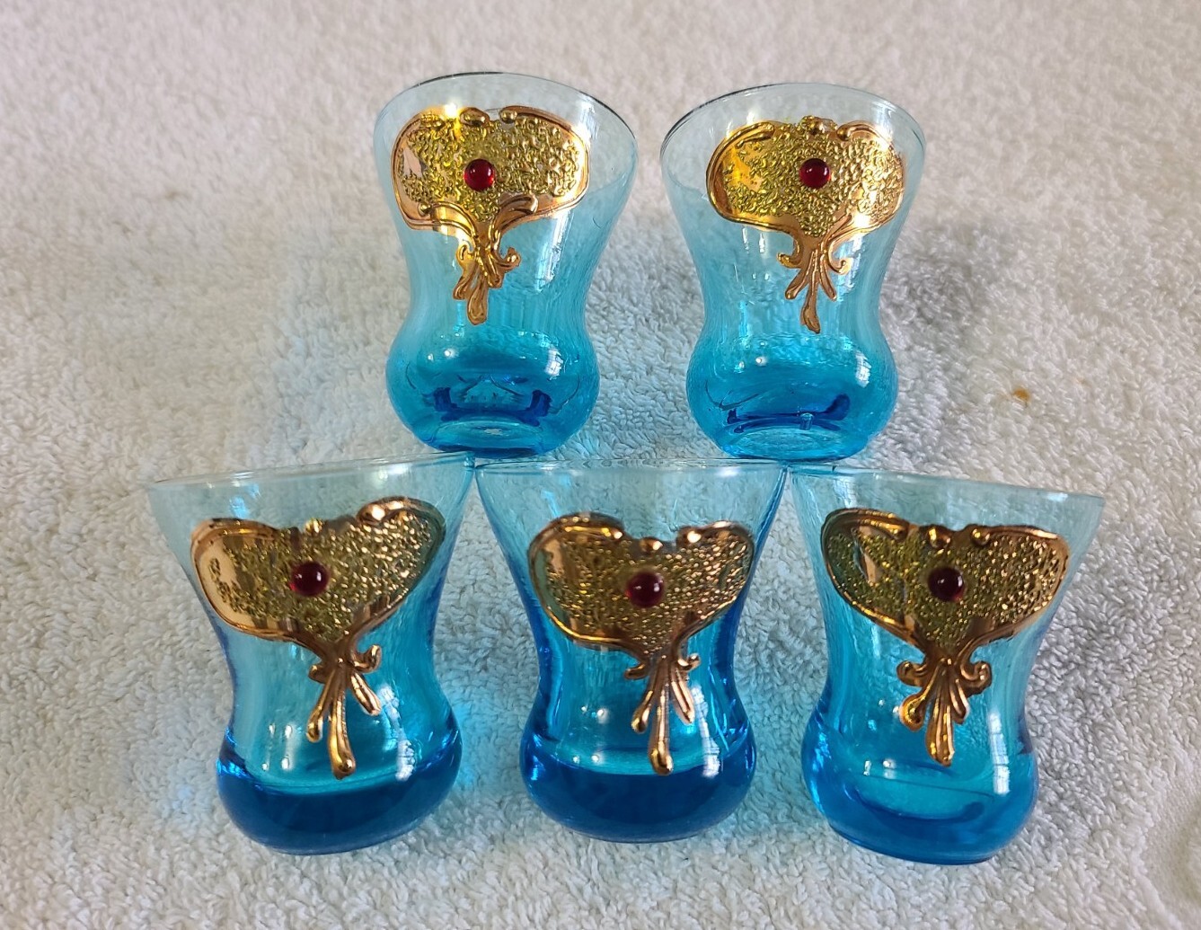 Set of 5 Vintage Blue w/Gold Etching Shot Glasses (Pre-Owned)