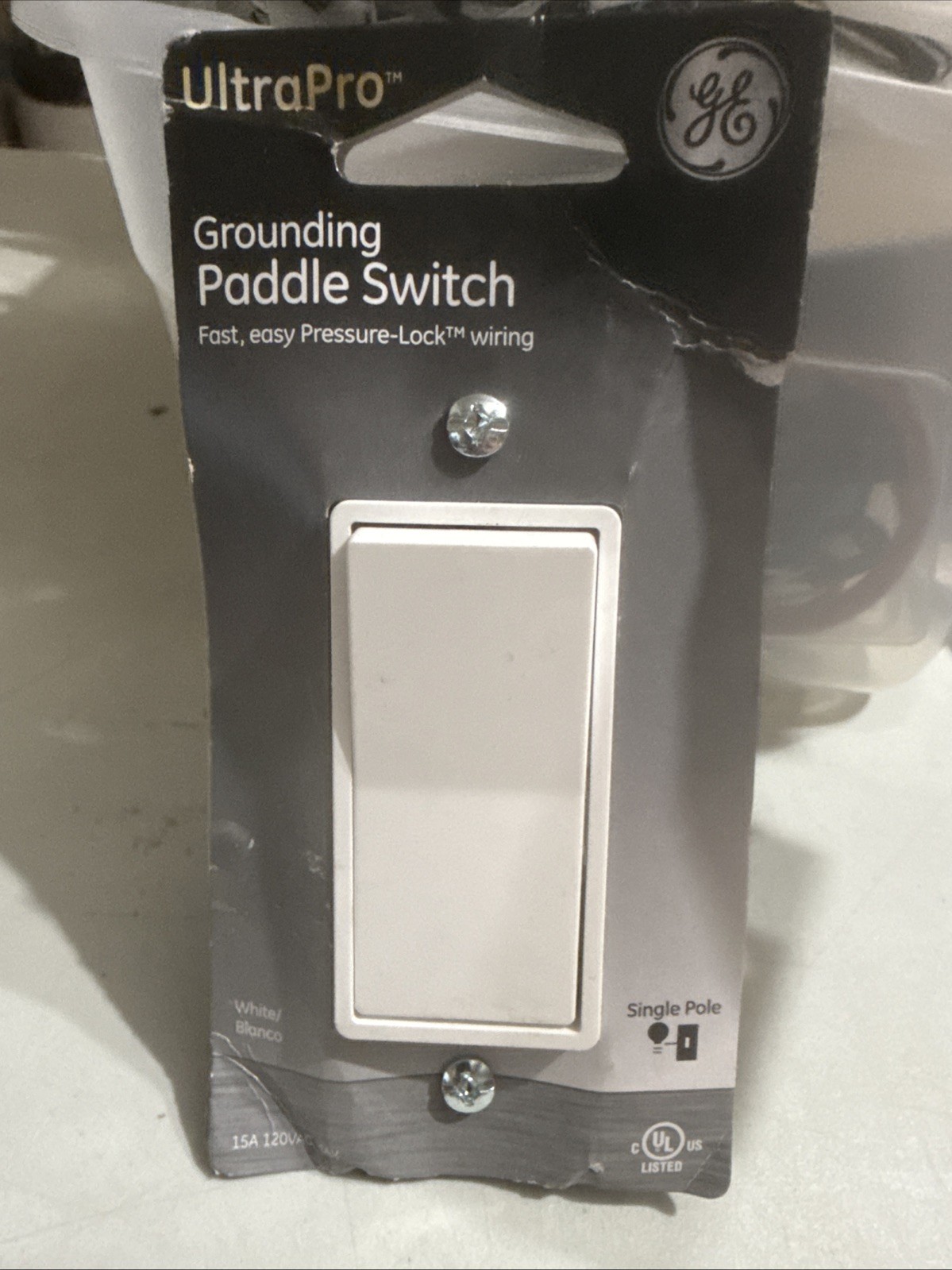 GE UltraPro Grounding Paddle Light Switch Single Pole 15A White