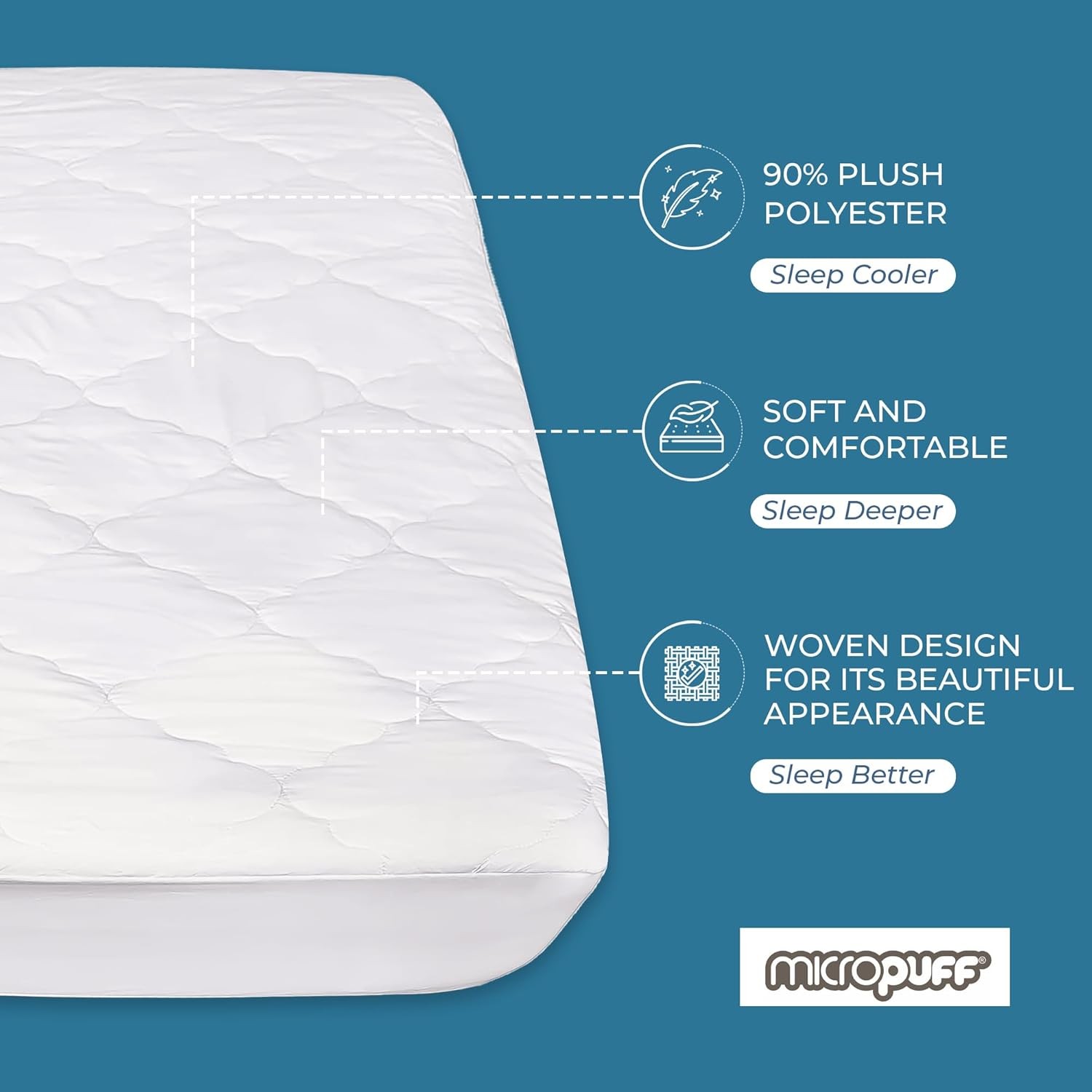 Micropuff Fitted Mattress Pad - Full XL Size (54" x 80") XL, White