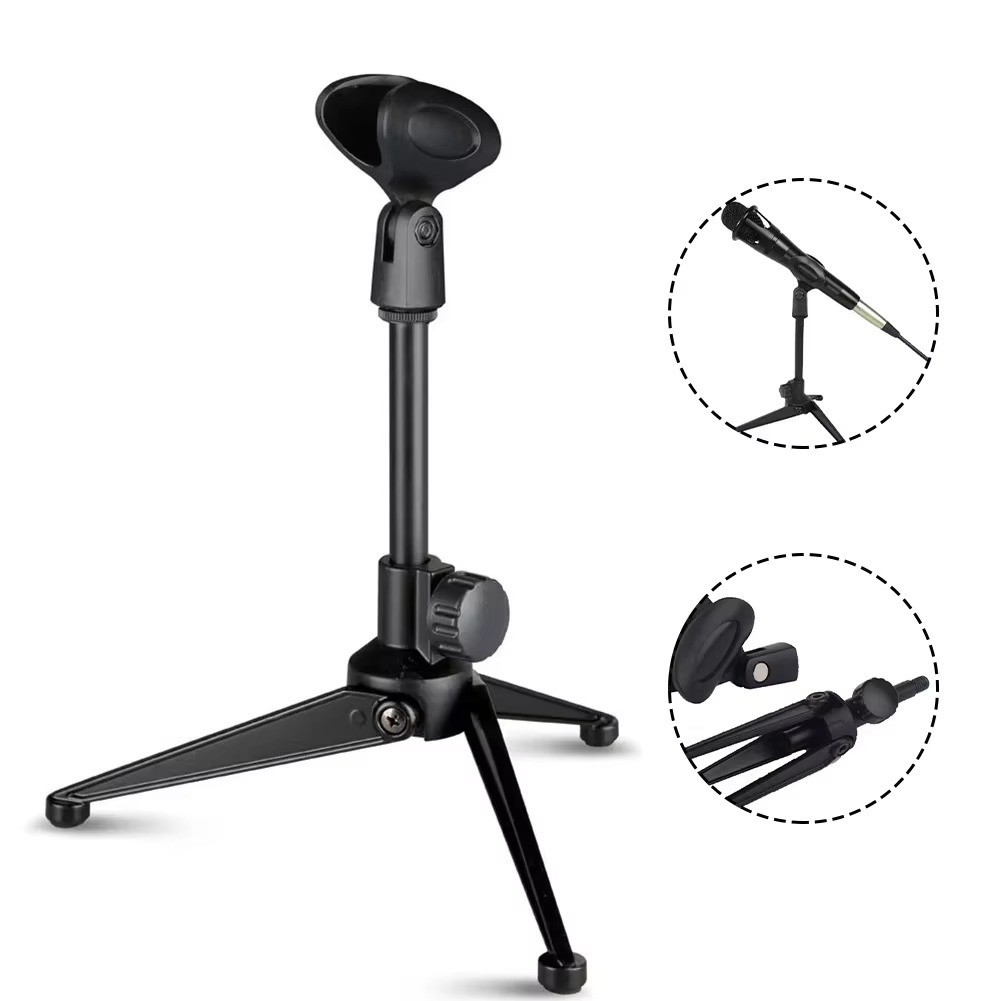 Microphone Desk Adjustable Stand Tripod Desk Top Clip Holder Foldable Table Mic