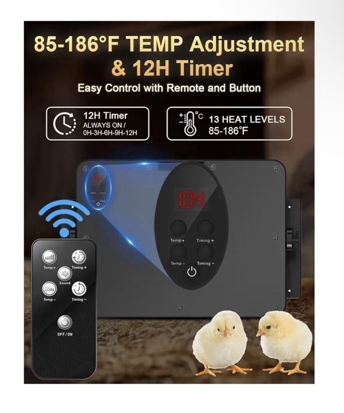 Chick Brooder Heater with Adjustable Temp (86~194℉) & 12H Timer & Height & Angle