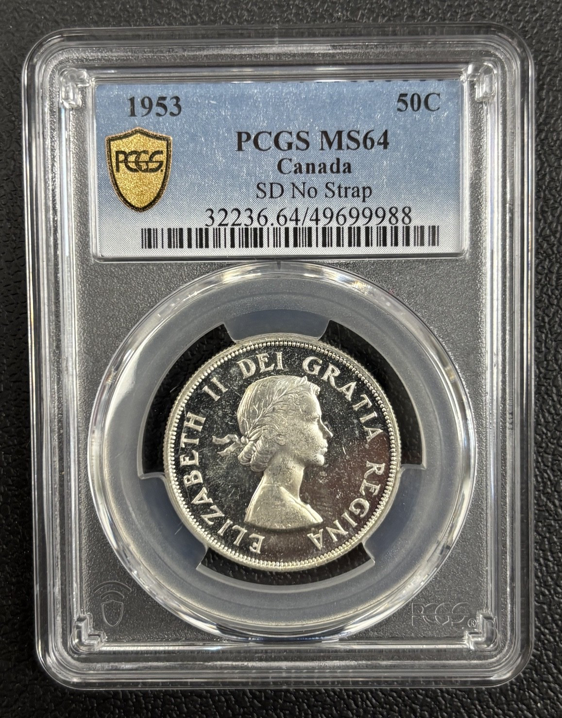 1953 CANADIAN HALF DOLLAR PCGS MS 64 - SMALL DATE, NO STRAP - SILVER - UNC - 50C