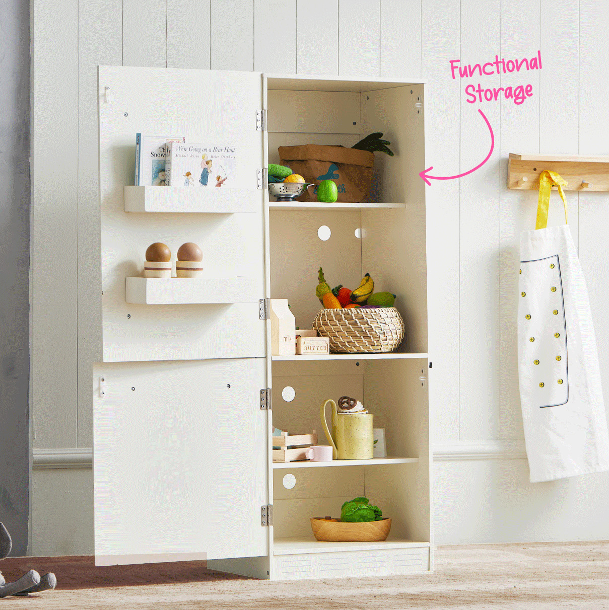 Tiny Land® Play Kitchen Accessories – Play Kitchen Fridge: Wooden Cabinet Refrig