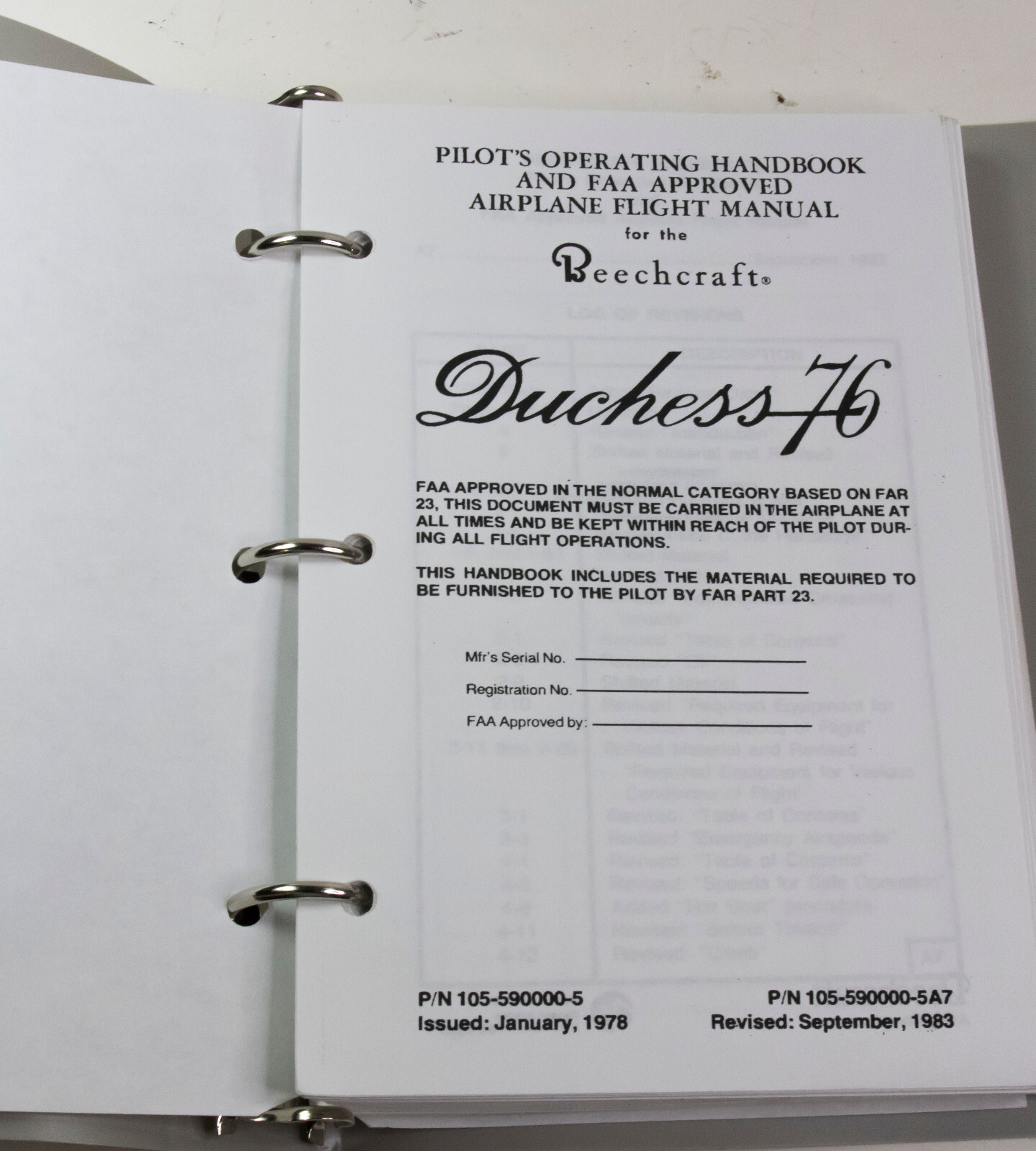 Beechcraft Dutchess 76 Pilot's Operating Handbook September 1983 edition