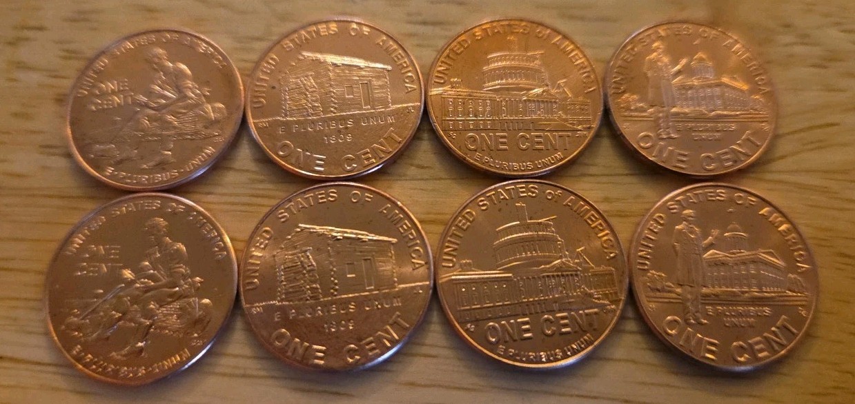 ALL 8, 2009-P 2009-D GEM BU RED UNC LINCOLN PENNY VARIETY SET - LP1 LP2 LP3 LP4