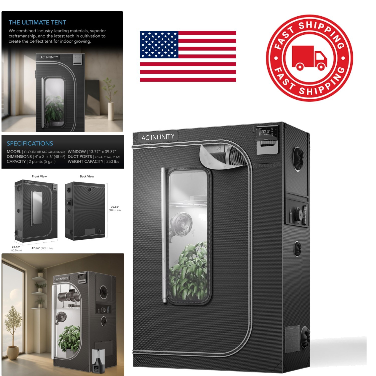 Grow Tent 48 by 24 by 72 Inches with Tall Zipper Windows for Easy Access