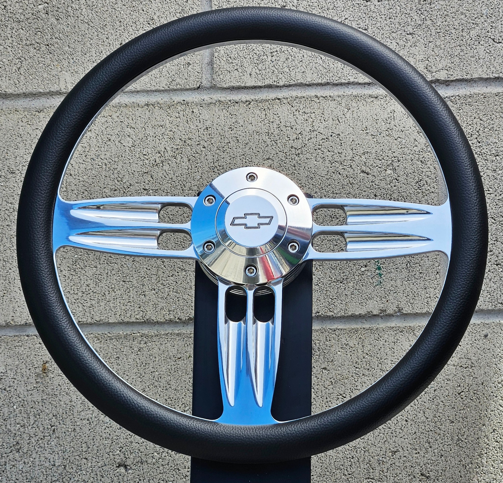 14" Billet Double Barrel Black Vinyl Steering Wheel + Chevy Bowtie Licensed Horn