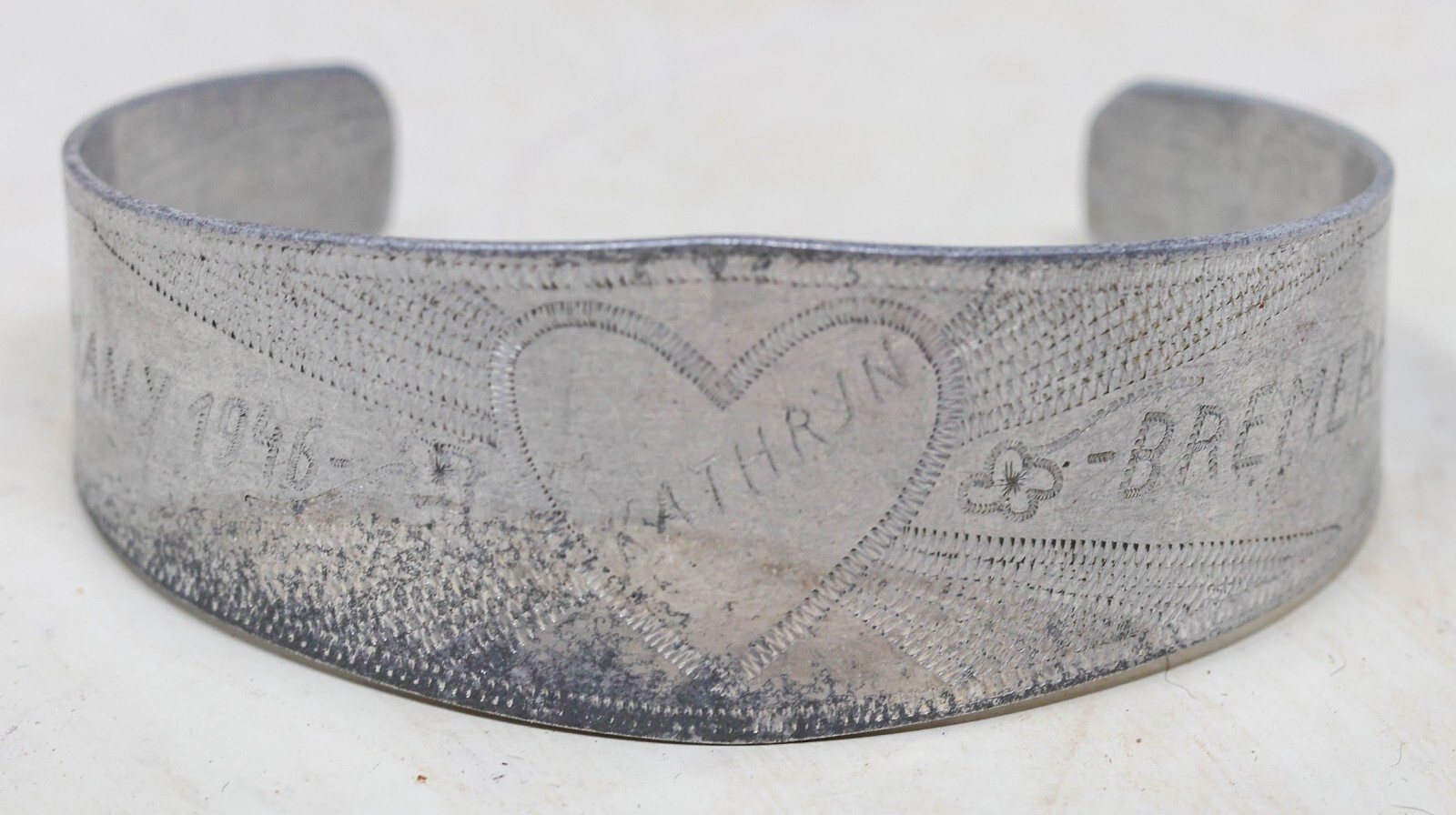 WWII Aluminum Trench Art Bracelet "Kathryn" 1946 Bremerhaven Germany Sweetheart