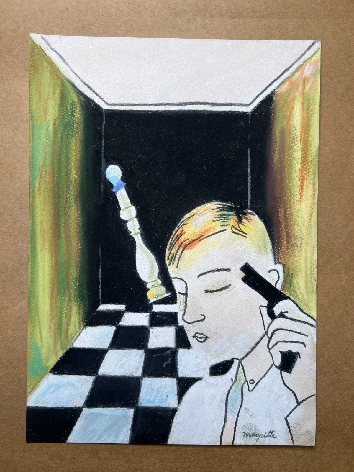 Rene Magritte (Handmade) Drawing On old Paper Signed & Stamped Mixed Media