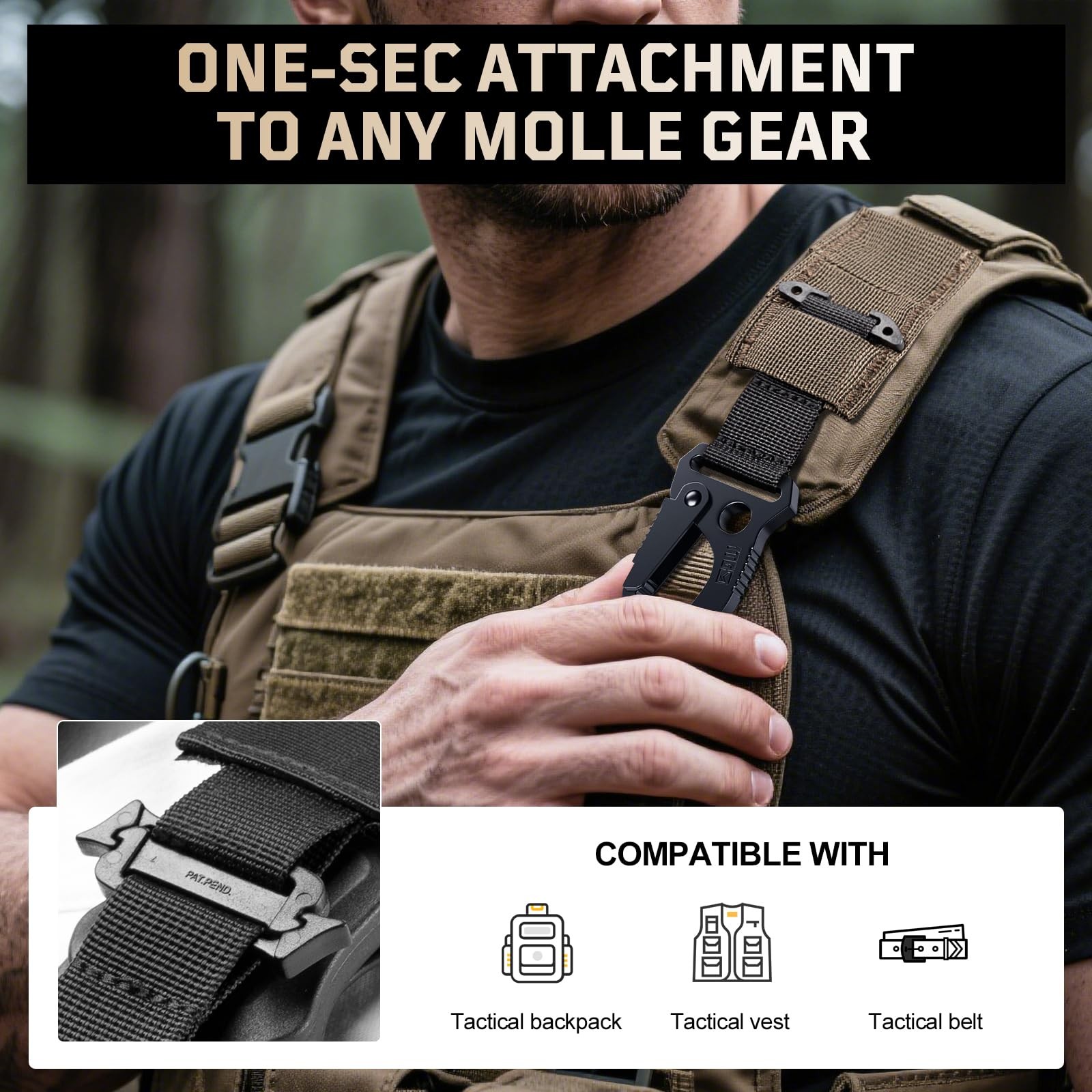 Tactical MOLLE Clip with Quick-Release Metal Hook & Nylon Webbing Black